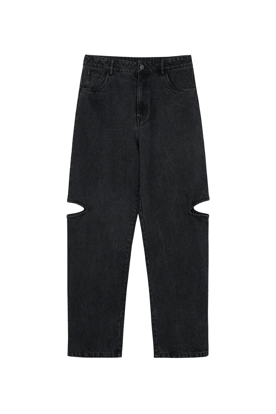 Produktaufnahme: Vorderansicht schwarze Jeans mit Cut-Out Details aus der Welcome Blakk Collection