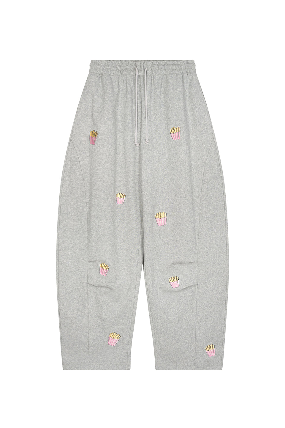 Barrel Jogger Pants Fries Freisteller, Vorderansicht, graue Baggy-Hose, Barrel Fit, Kordelzug, Eingrifftaschen
