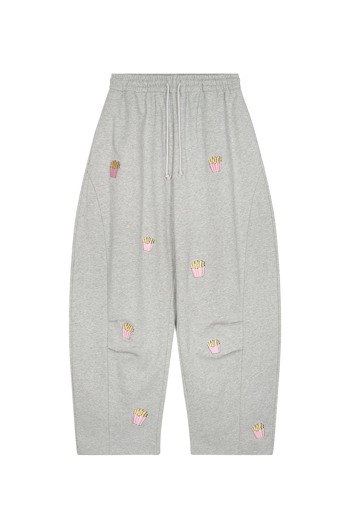 Barrel Jogger Pants Fries Freisteller, Vorderansicht, graue Baggy-Hose, Barrel Fit, Kordelzug, Eingrifftaschen
