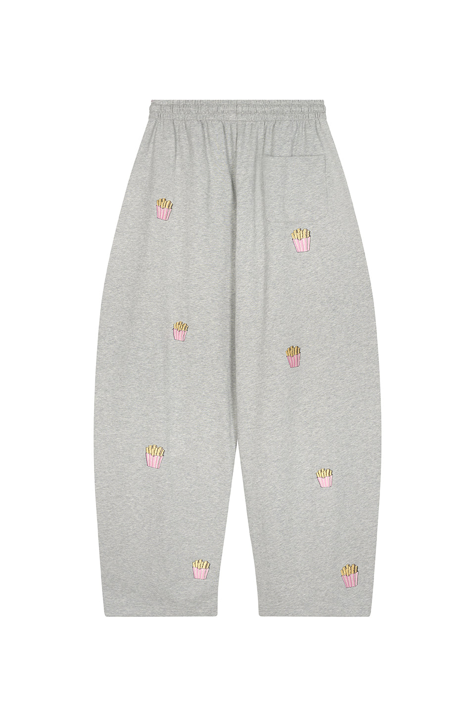 Barrel Jogger Pants Fries Freisteller, Rückenansicht, graue Jogger, aufgesetzte Tasche hinten, weiter Schnitt