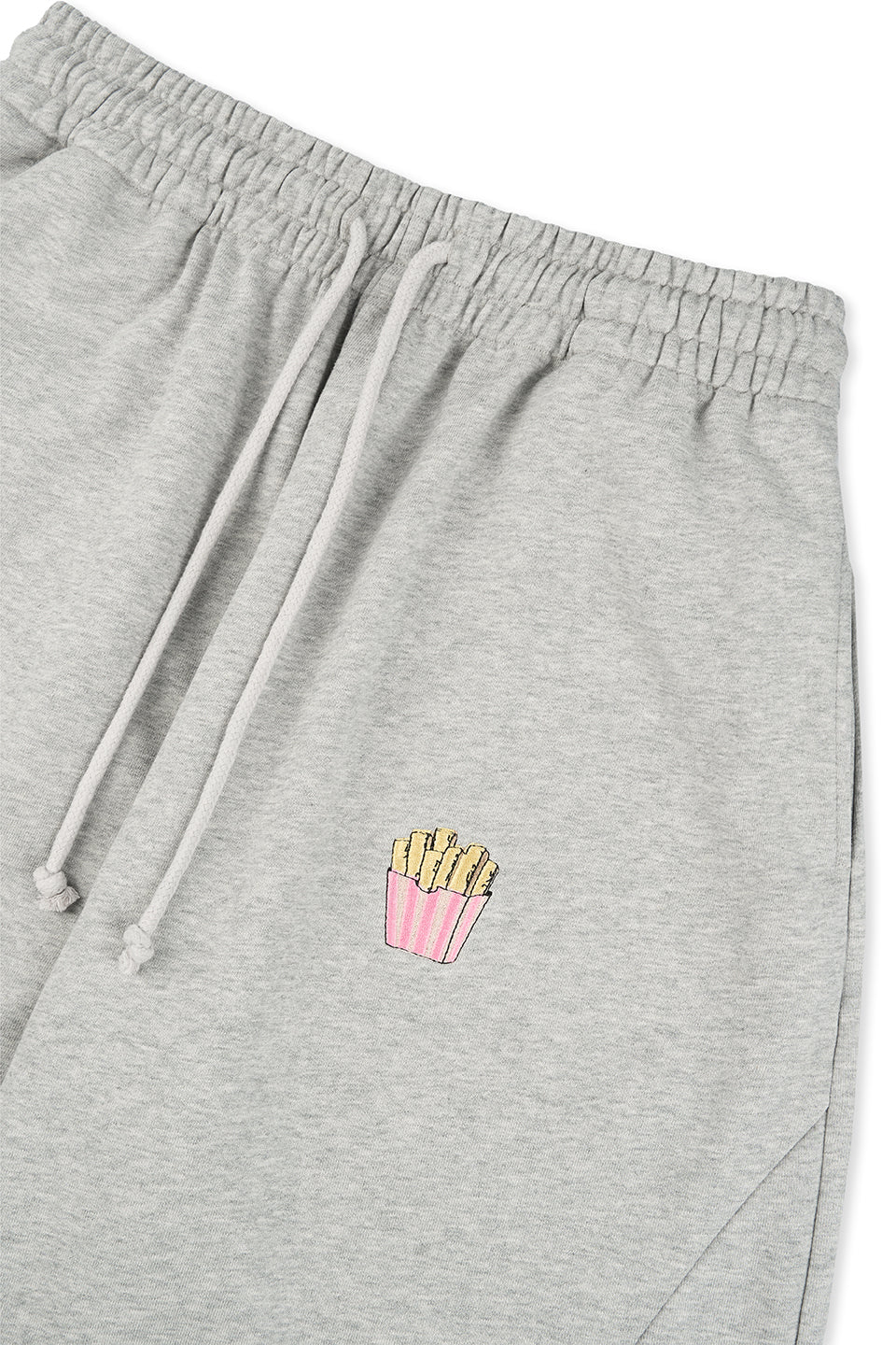 Barrel Jogger Pants Fries, Detailfreisteller Pommes-Stickerei und elastischer Kordelzug, graues Sweat-Material