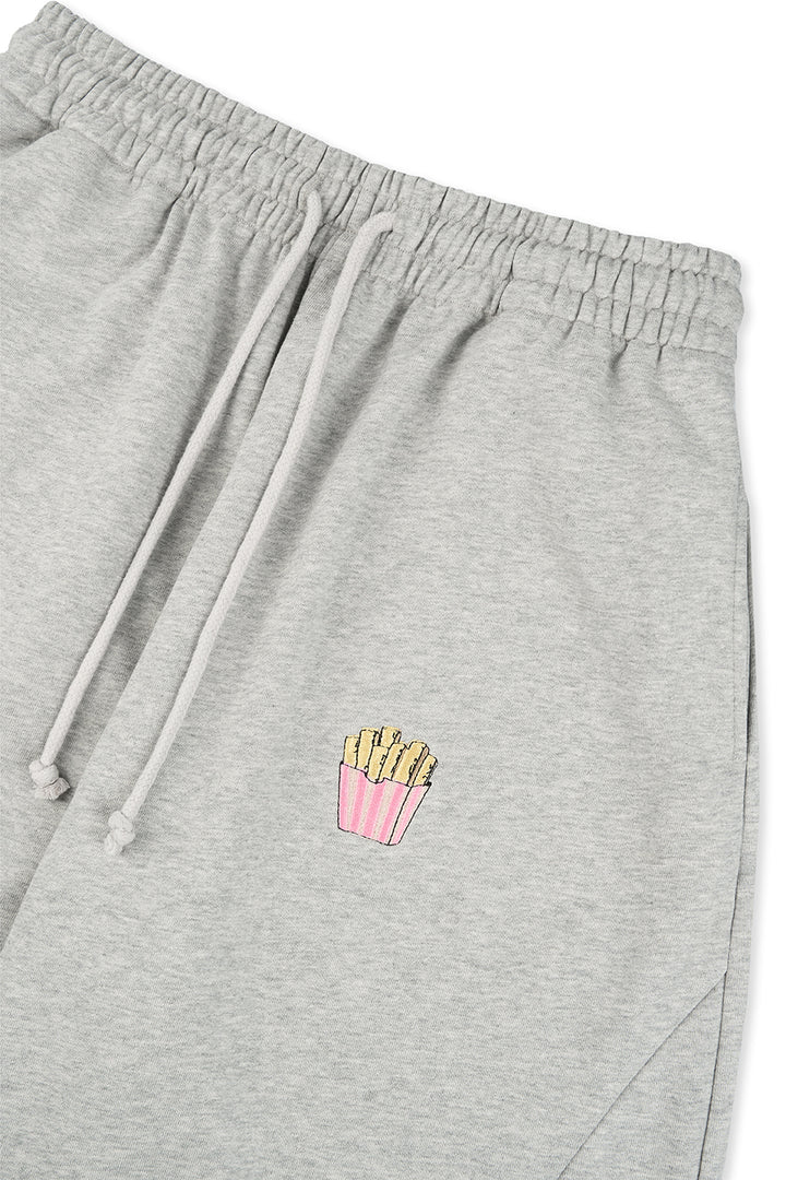 Barrel Jogger Pants Fries, Detailfreisteller Pommes-Stickerei und elastischer Kordelzug, graues Sweat-Material