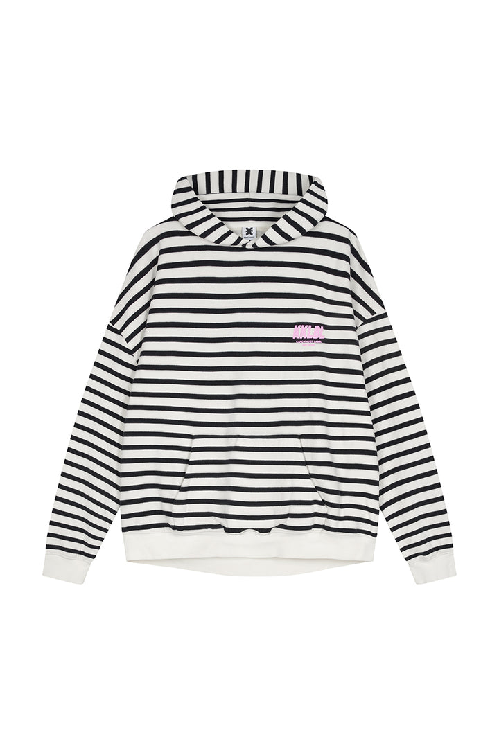 Hoodie Striped Freisteller, Vorderansicht, schwarz-weißer Oversized-Hoodie, pinker 3D-Print, Bündchen