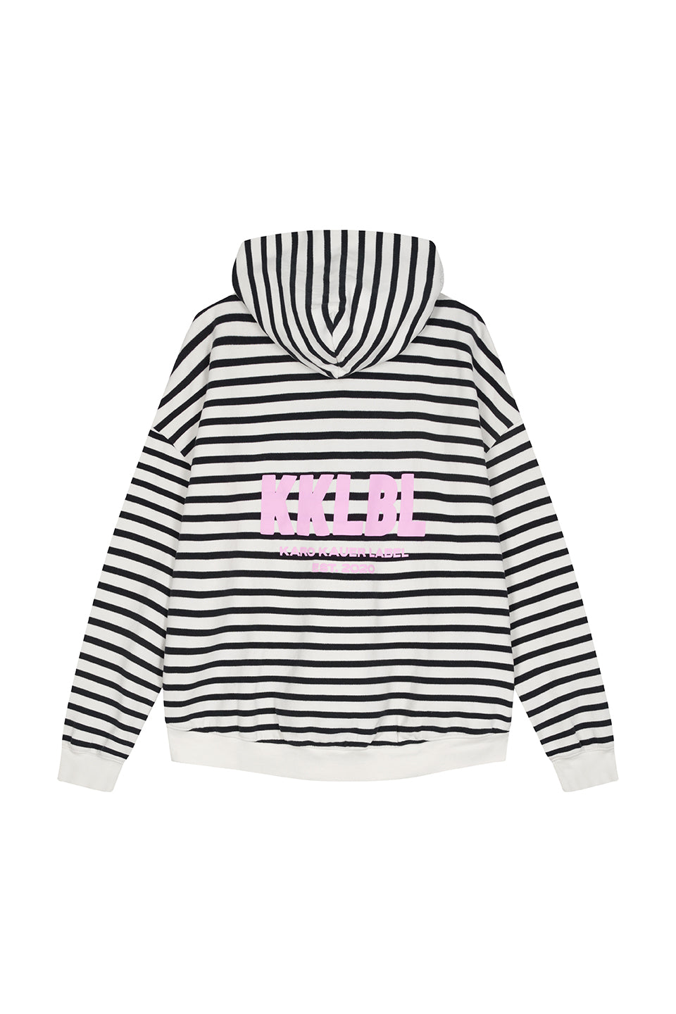 Hoodie Striped Freisteller, Rückenansicht, schwarz-weißes Streifenmuster, großer pinker 3D-Backprint