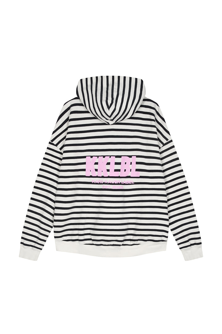 Hoodie Striped Freisteller, Rückenansicht, schwarz-weißes Streifenmuster, großer pinker 3D-Backprint