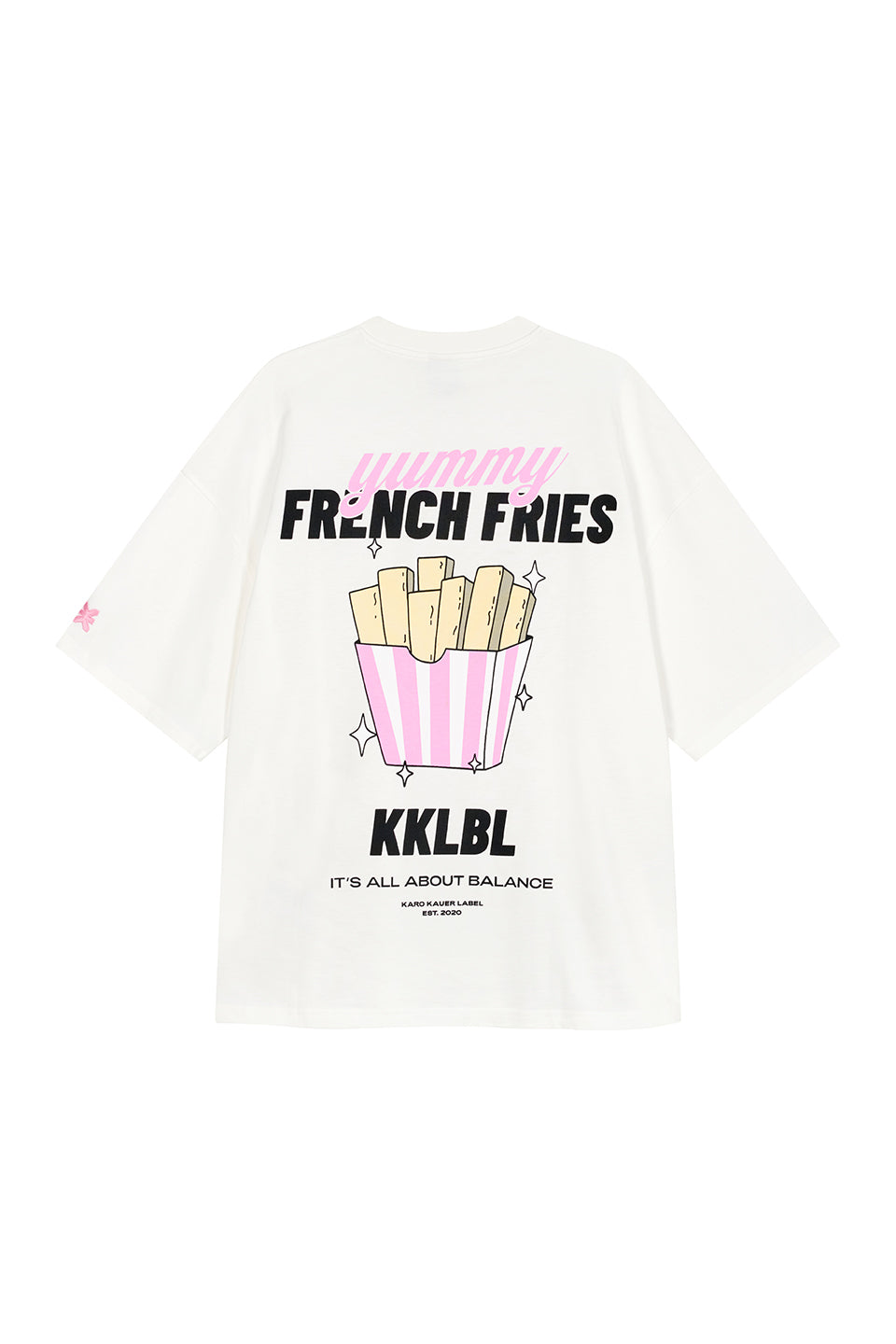 T-Shirt Fries Freisteller, Rückenansicht, weißes Shirt, großer French Fries KKLBL Grafik-Backprint