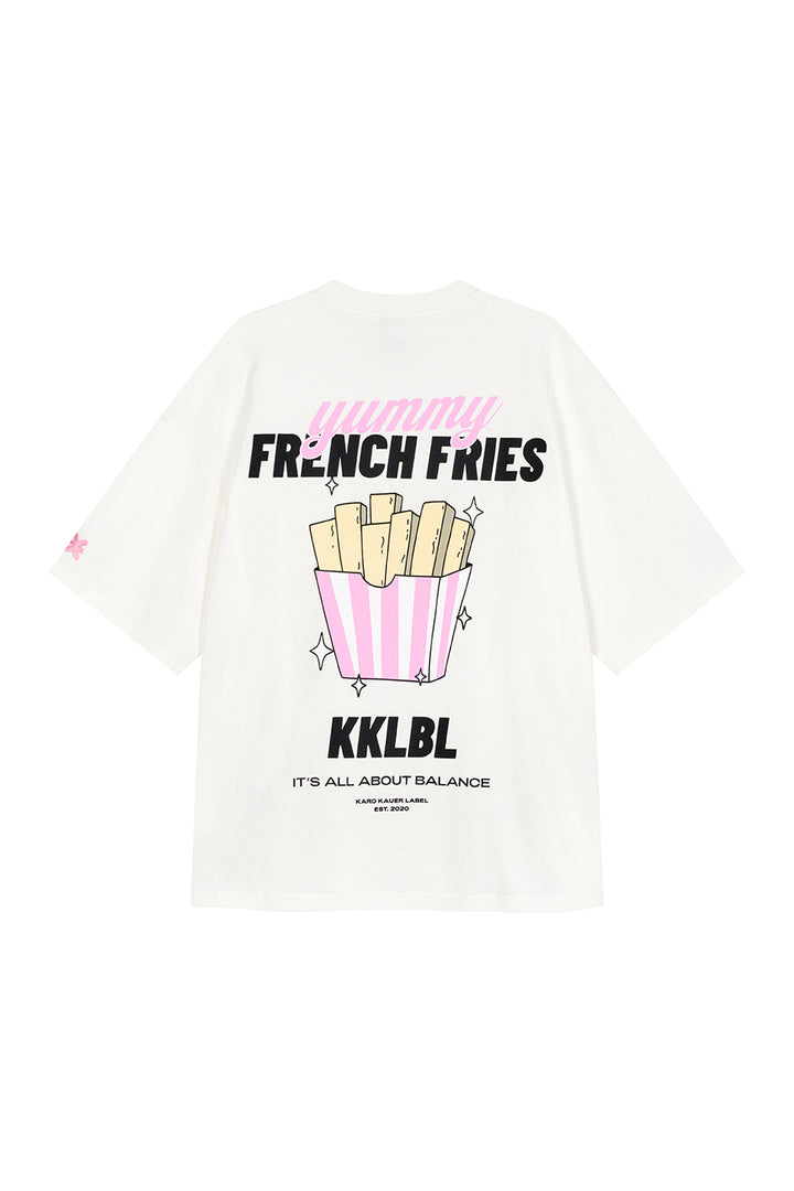 T-Shirt Fries Freisteller, Rückenansicht, weißes Shirt, großer French Fries KKLBL Grafik-Backprint