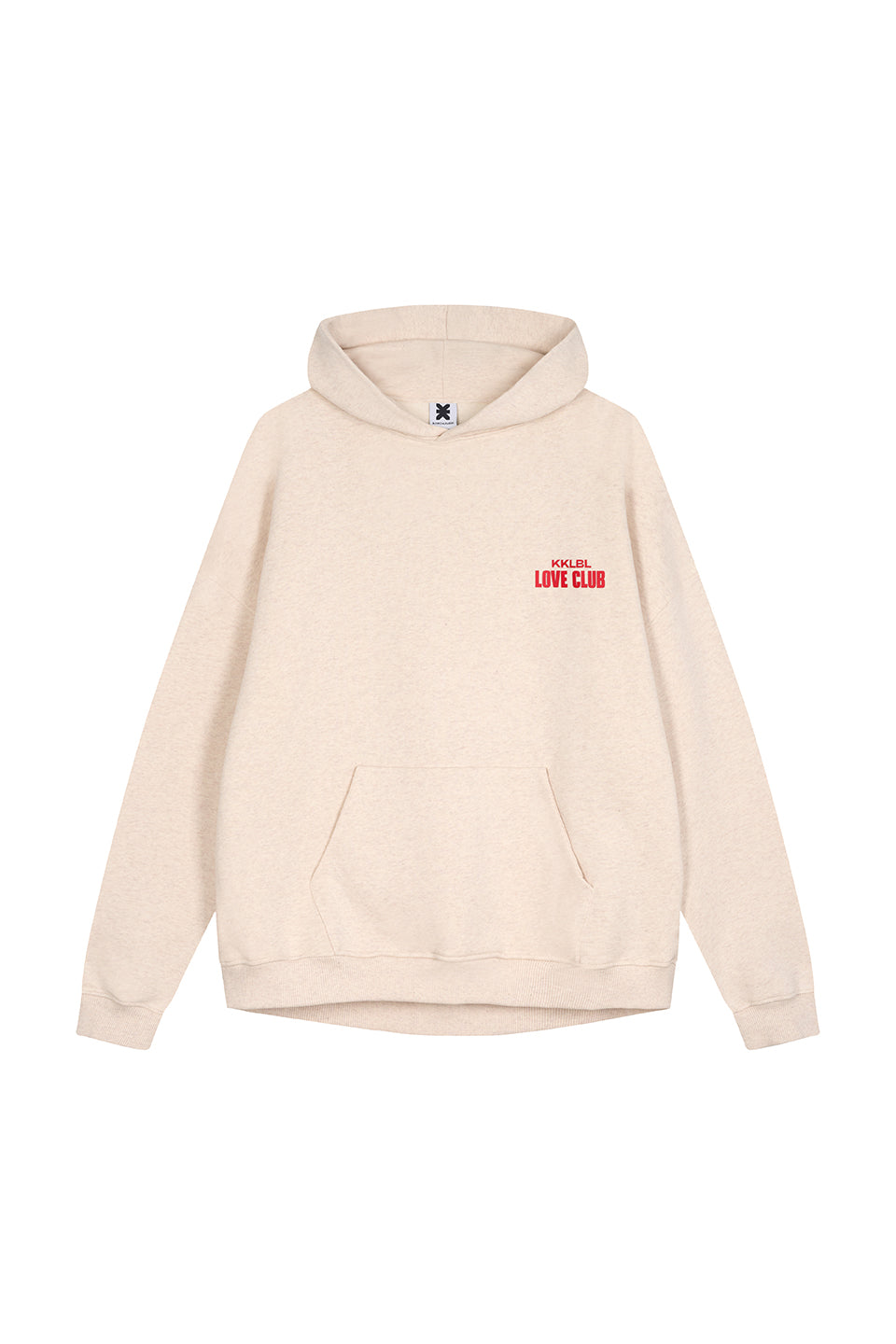 Hoodie Love Club Freisteller, Vorderansicht, beiger Oversized-Hoodie mit Bündchen an Ärmeln und Saum