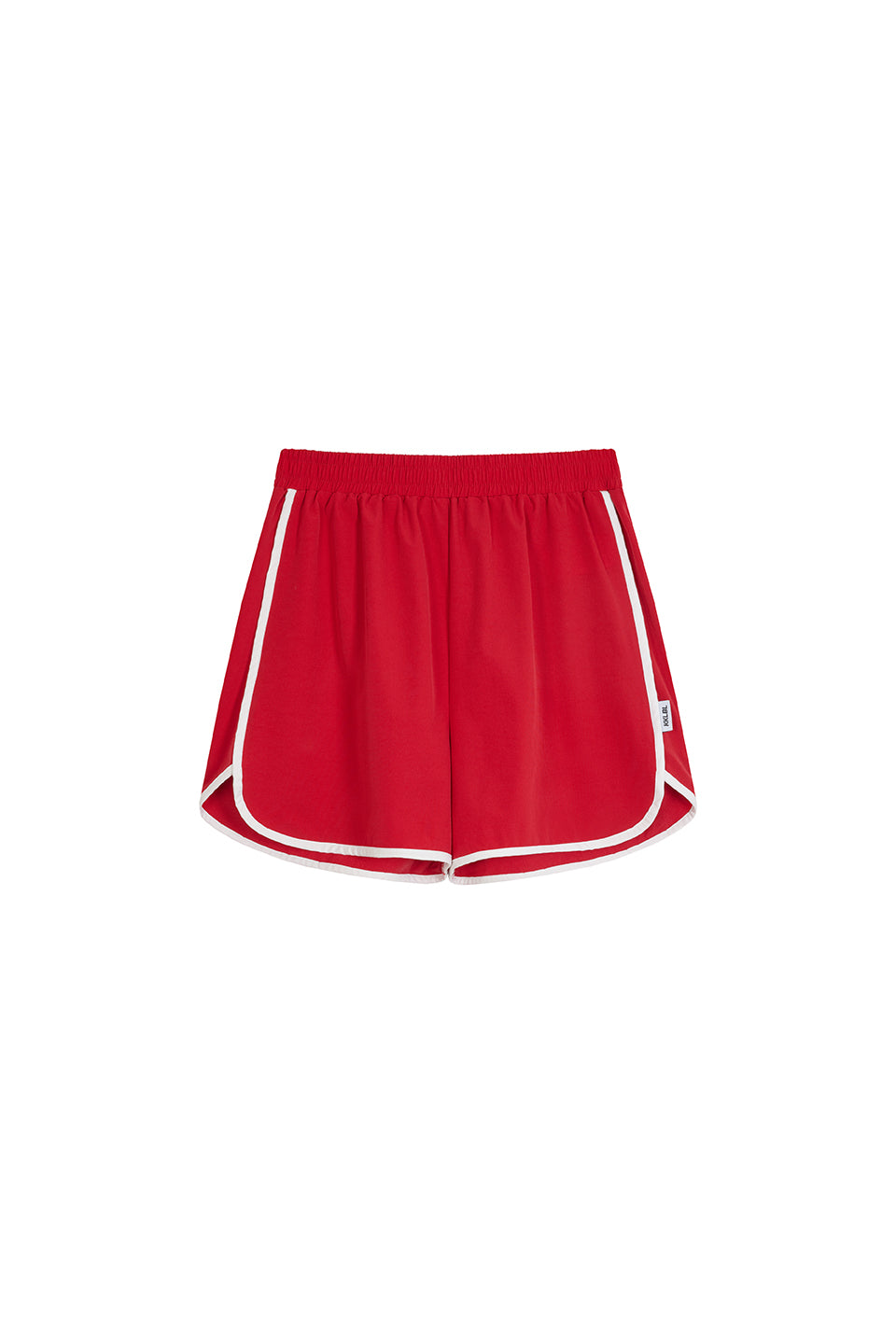 Track Shorts Red Freisteller, Vorderansicht, rote Retro-Shorts mit weißem Kontrastrand, elastischer Bund