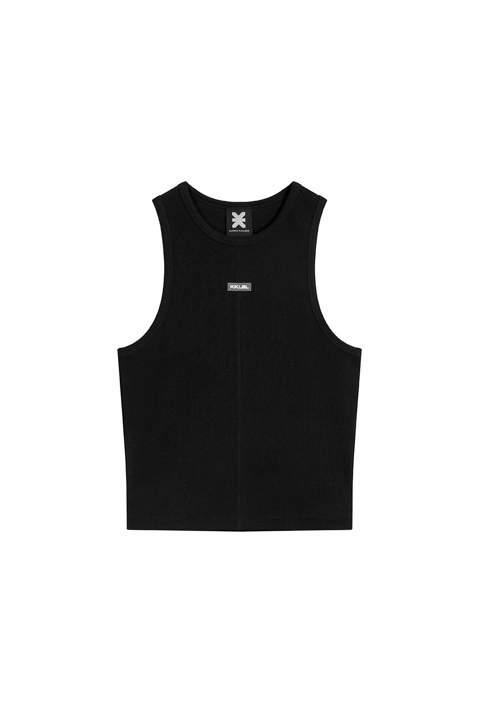 Basic Rib Top Black Freisteller, Vorderansicht, schwarzes körperbetontes Ripp-Top, PU-Logo-Patch vorne