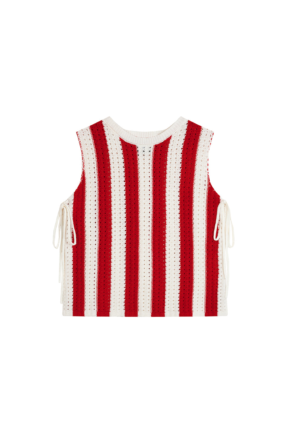 Knit Vest Striped Red Freisteller, Vorderansicht, rot-weiß Streifenstrick, offene Seiten mit Binde-Bändern