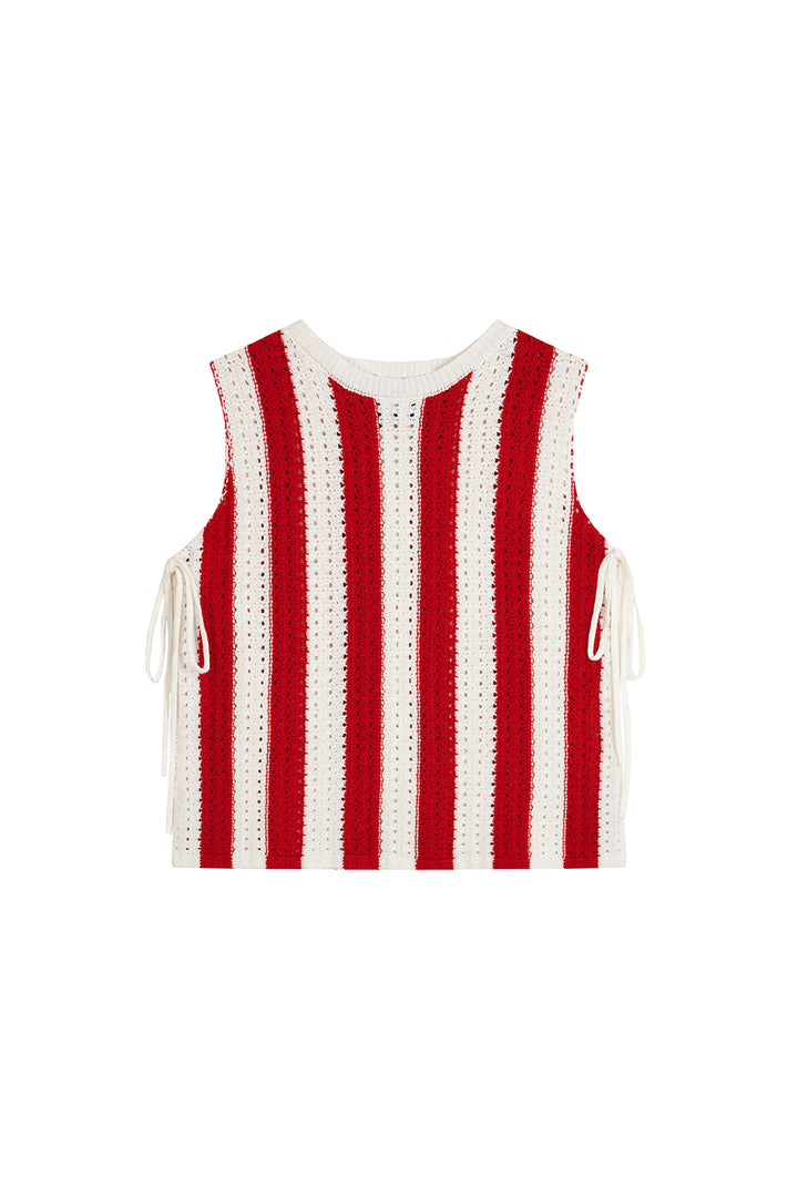 Knit Vest Striped Red Freisteller, Vorderansicht, rot-weiß Streifenstrick, offene Seiten mit Binde-Bändern