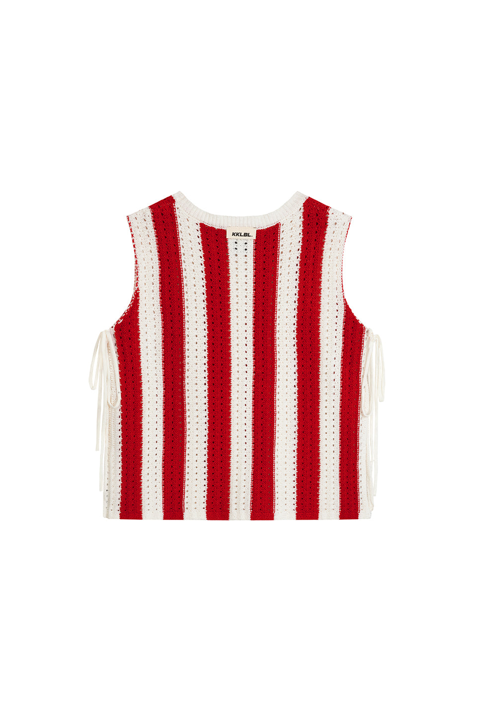 Knit Vest Striped Red Freisteller, Rückenansicht, rot-weiß gestreifter Strick, Binde-Bänder, offene Seiten