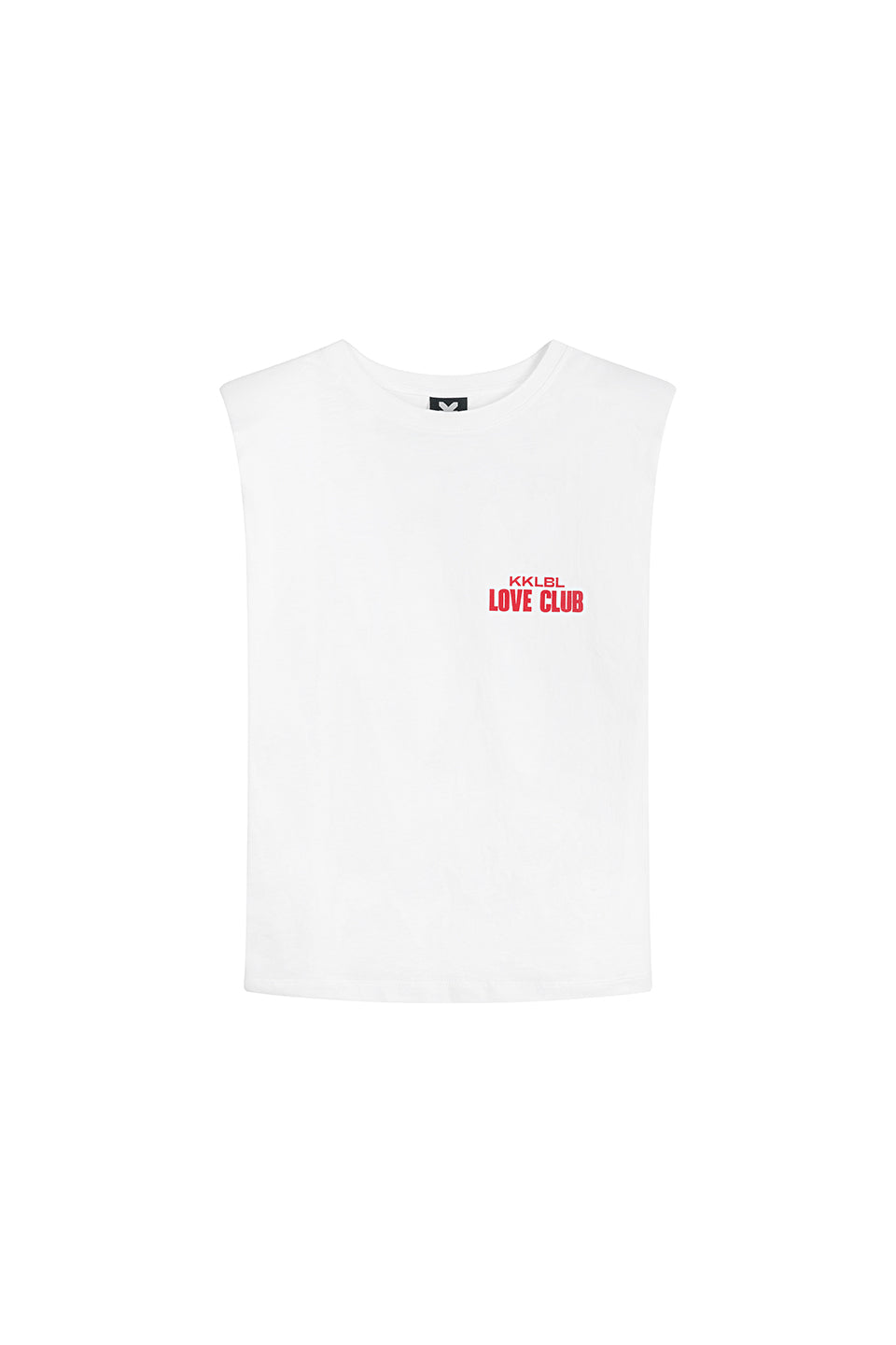 Tanktop Love Club Freisteller, Vorderansicht, weißes Tanktop, Love Club Print in Rot, Schulterpolster
