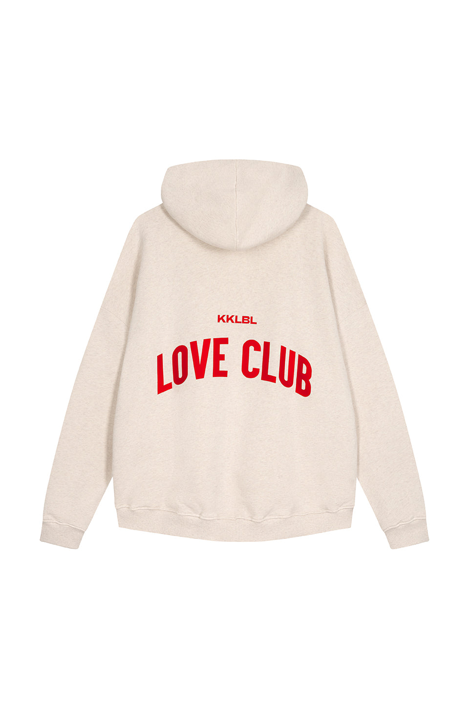 Hoodie Love Club Freisteller, Rückenansicht, beiger Hoodie, großer Love Club Rubber Print in Rot