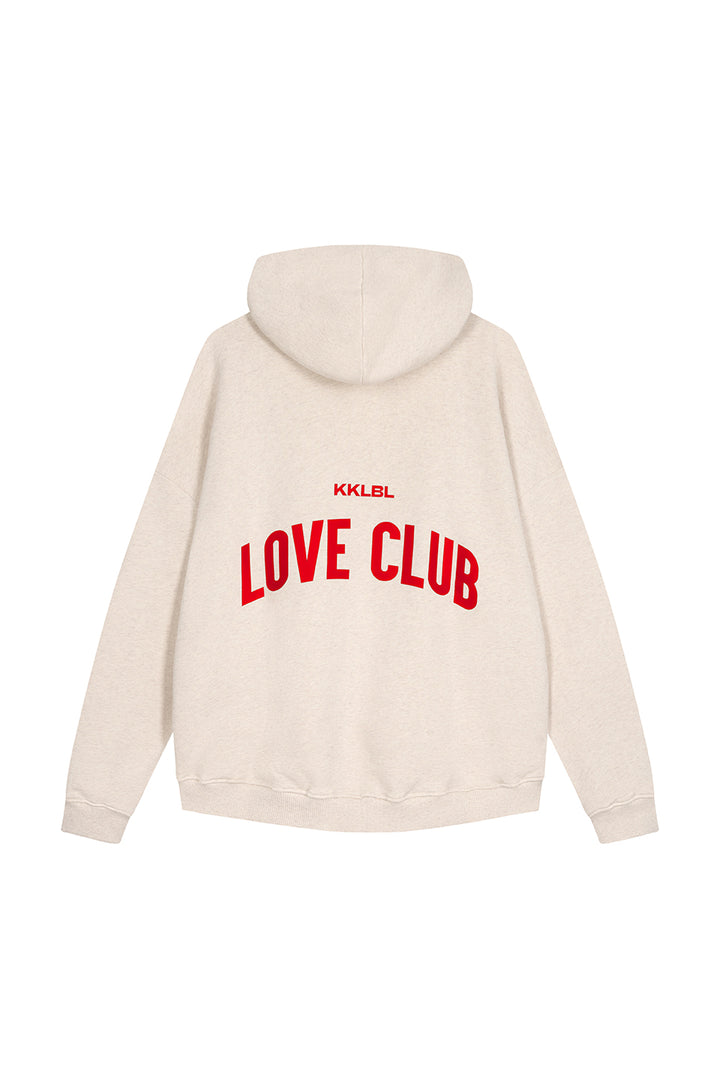 Hoodie Love Club Freisteller, Rückenansicht, beiger Hoodie, großer Love Club Rubber Print in Rot