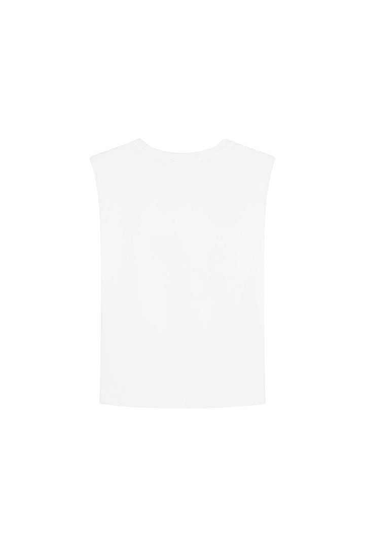 Tanktop Love Club Freisteller, Rückenansicht, weißes Tanktop mit Schulterpolster für definierte Silhouette