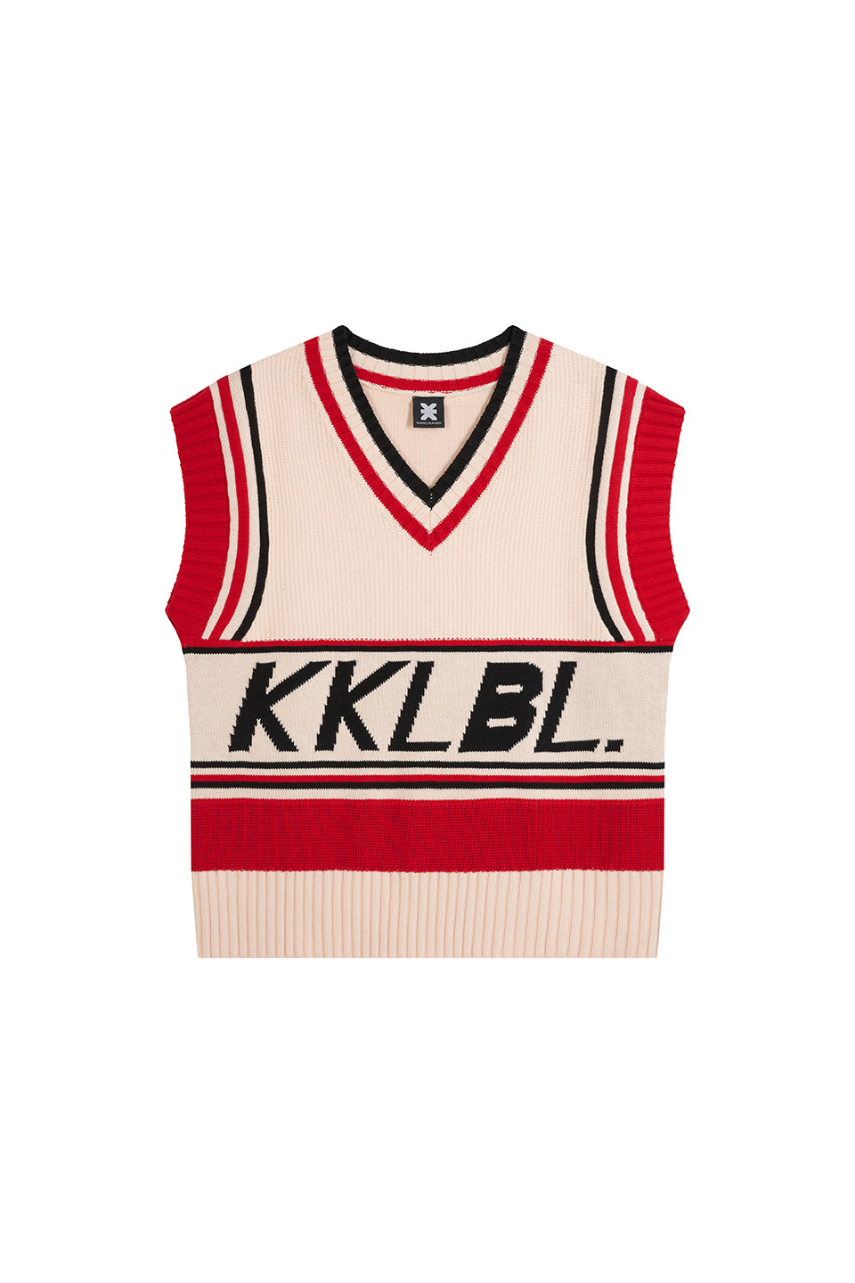 Knit Sweater Vest KKLBL Freisteller, Vorderansicht, Offwhite Pullunder, eingestrickter KKLBL-Schriftzug, V-Ausschnitt