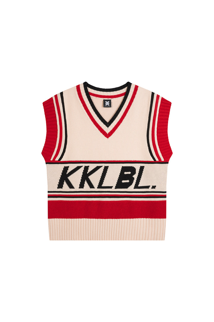 Knit Sweater Vest KKLBL Freisteller, Vorderansicht, Offwhite Pullunder, eingestrickter KKLBL-Schriftzug, V-Ausschnitt
