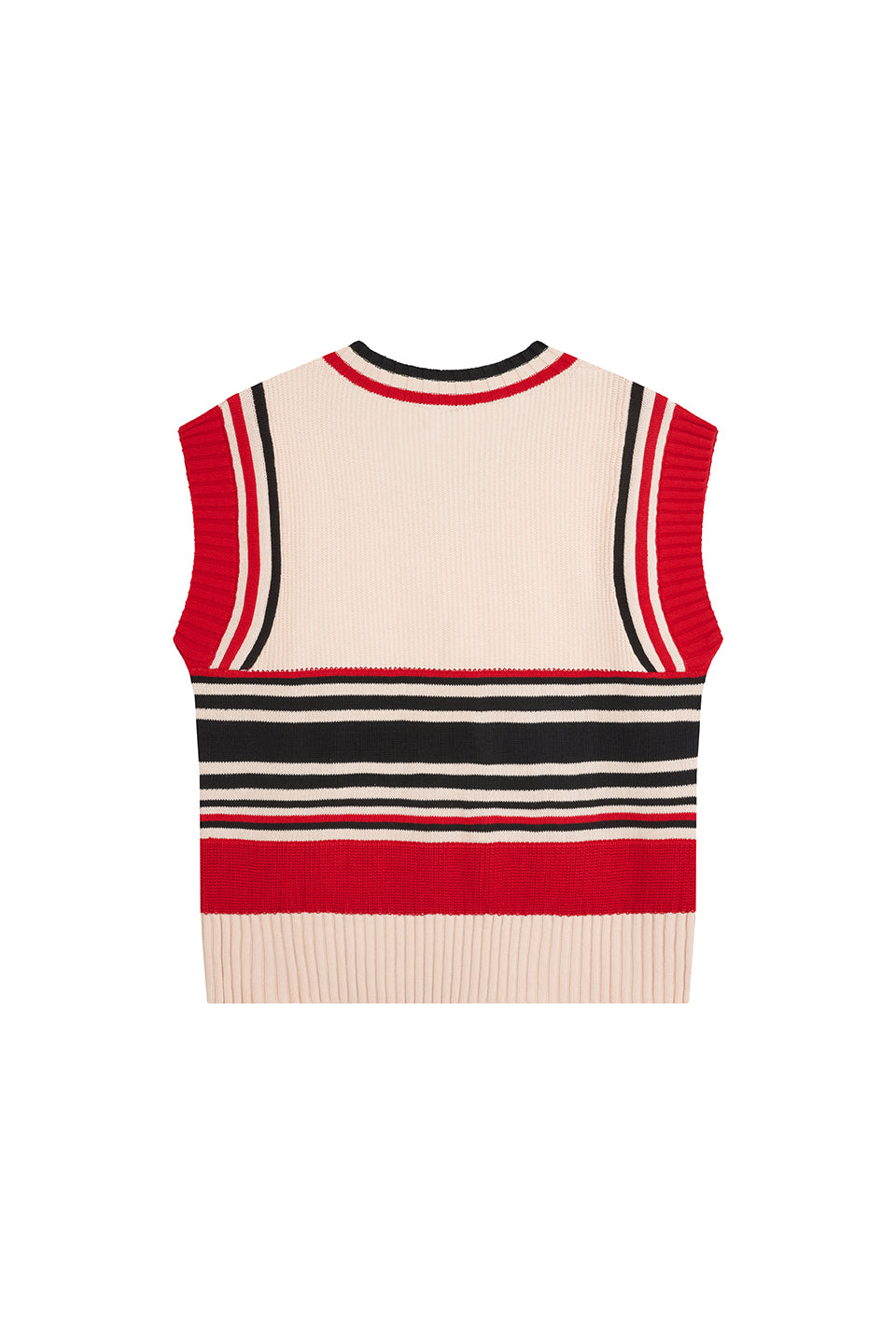 Knit Sweater Vest KKLBL Freisteller, Rückenansicht, Offwhite Strick, rote und schwarze Kontrast-Streifen