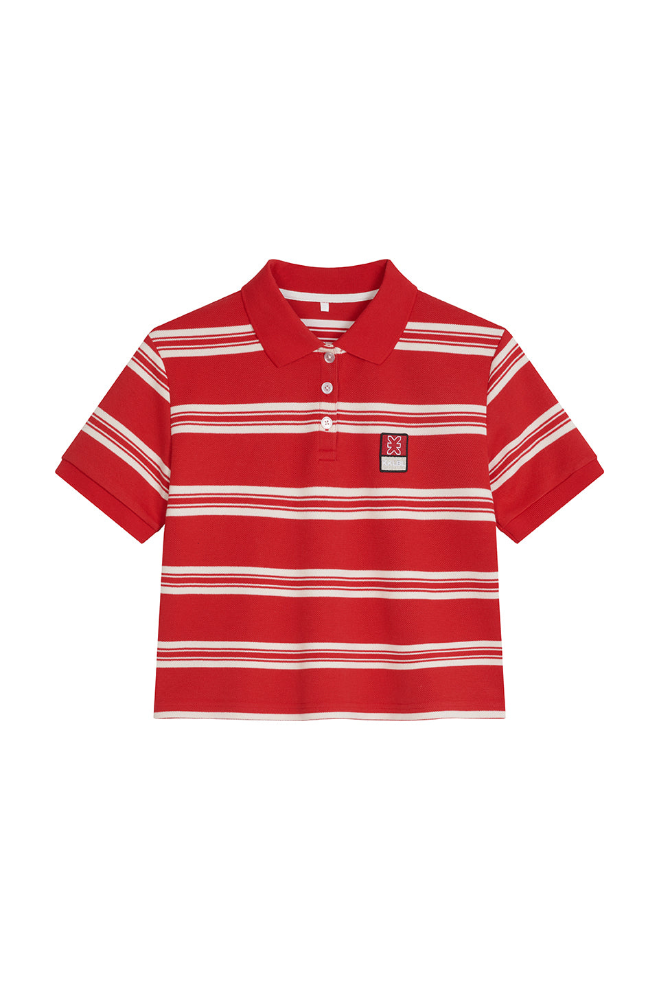 Cropped Knit Poloshirt Freisteller, Vorderansicht, rot-weiß Streifenstrick, Ribkragen, Knopfleiste