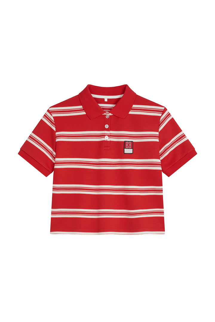 Cropped Knit Poloshirt Freisteller, Vorderansicht, rot-weiß Streifenstrick, Ribkragen, Knopfleiste