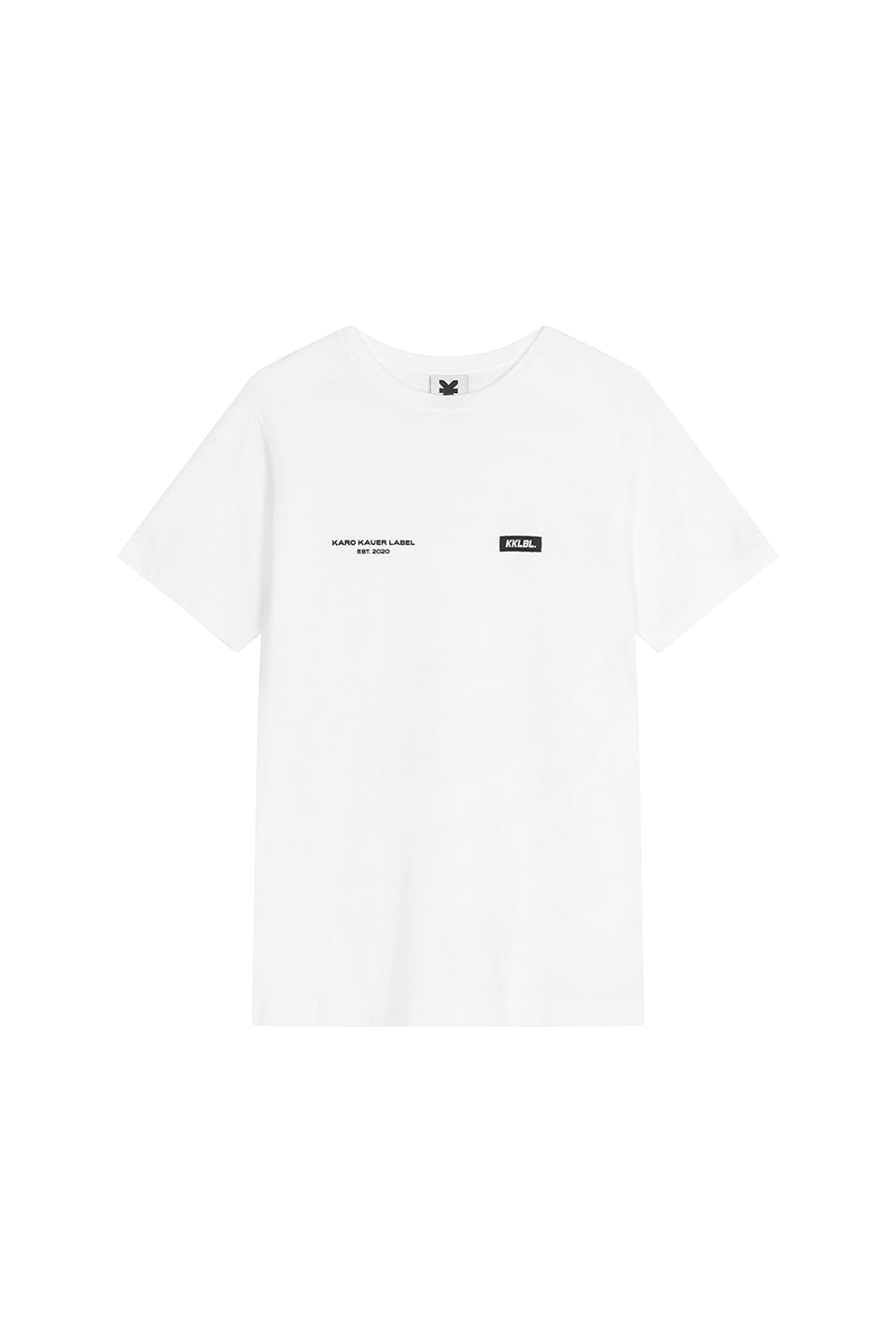 T-Shirt Soft White Freisteller, Vorderansicht, weißes fitted T-Shirt, Print und Weblabel vorne, Baumwollware
