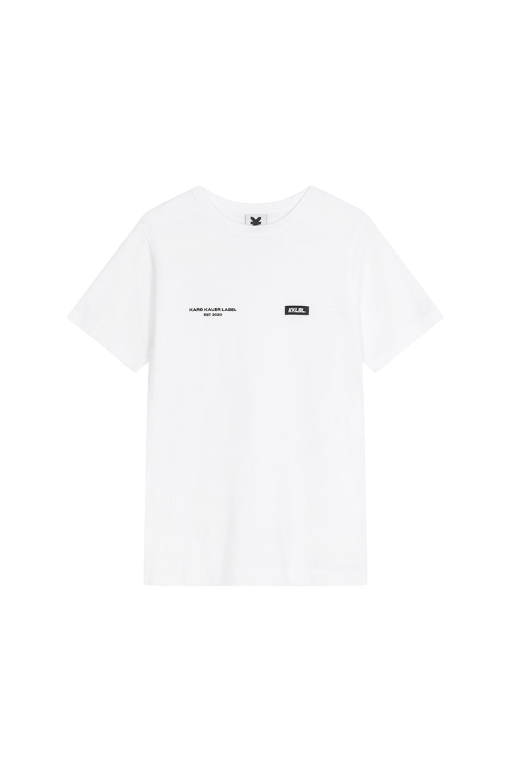 T-Shirt Soft White Freisteller, Vorderansicht, weißes fitted T-Shirt, Print und Weblabel vorne, Baumwollware