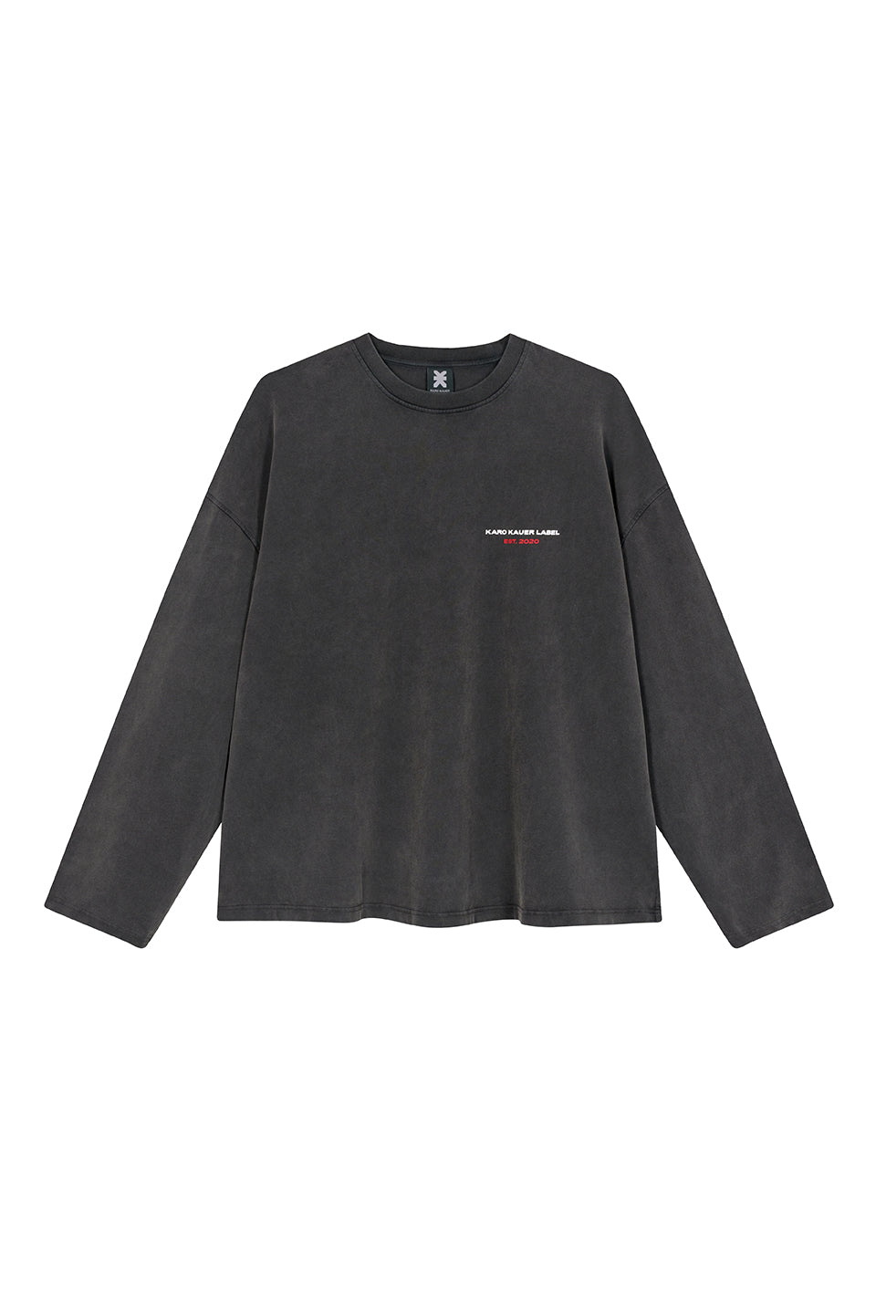 Longsleeve Memories Freisteller, Vorderansicht, schwarze Waschung, kleiner Print vorne, verkürzte Länge