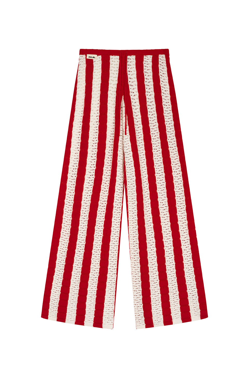 Knit Pants Striped Red, Freisteller Vorderansicht, weite Strickhose mit rot-weißem Streifenmuster