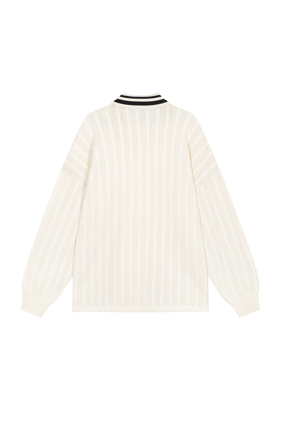 Knit Poloshirt Freisteller, Rückenansicht, offwhite Oversized-Strick mit schwarzem Polokragen