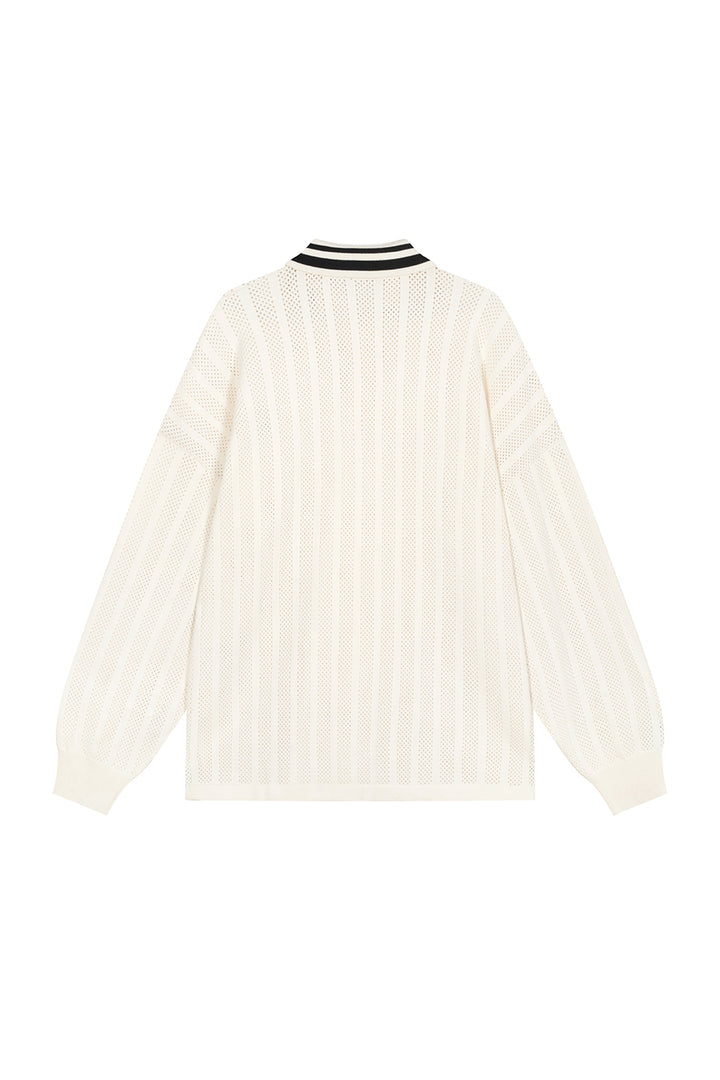 Knit Poloshirt Freisteller, Rückenansicht, offwhite Oversized-Strick mit schwarzem Polokragen