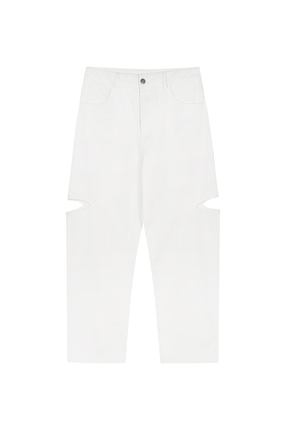 Denim Pants Cut Out Offwhite Freisteller, Vorderansicht, offwhite Jeans, Cut-Out Knie, 5-Pocket-Style