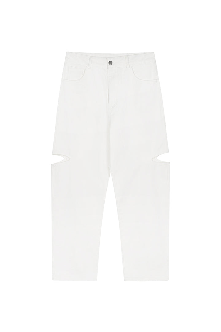 Denim Pants Cut Out Offwhite Freisteller, Vorderansicht, offwhite Jeans, Cut-Out Knie, 5-Pocket-Style