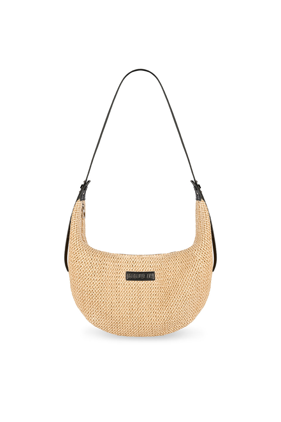 Moon Bag Crochet Freisteller, Vorderansicht, Halbmond-Bag Crochet-Optik, schwarzes KKLBL-Label, Bastmaterial