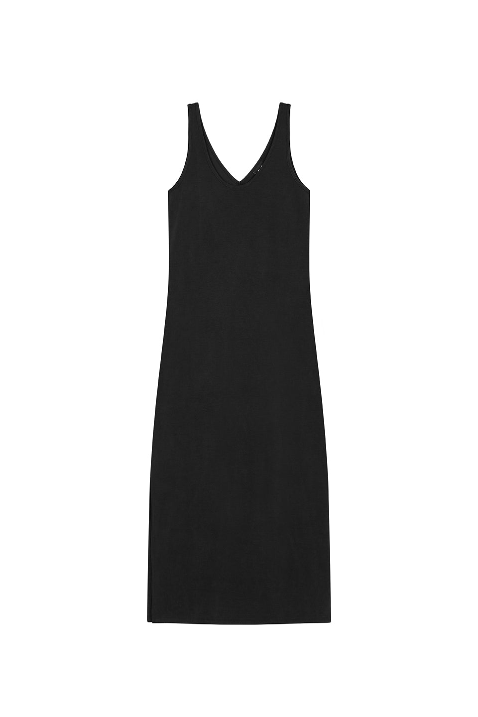 Loose Dress Black Freisteller, Vorderansicht, langes schwarzes Maxikleid, tiefer Ausschnitt, Träger