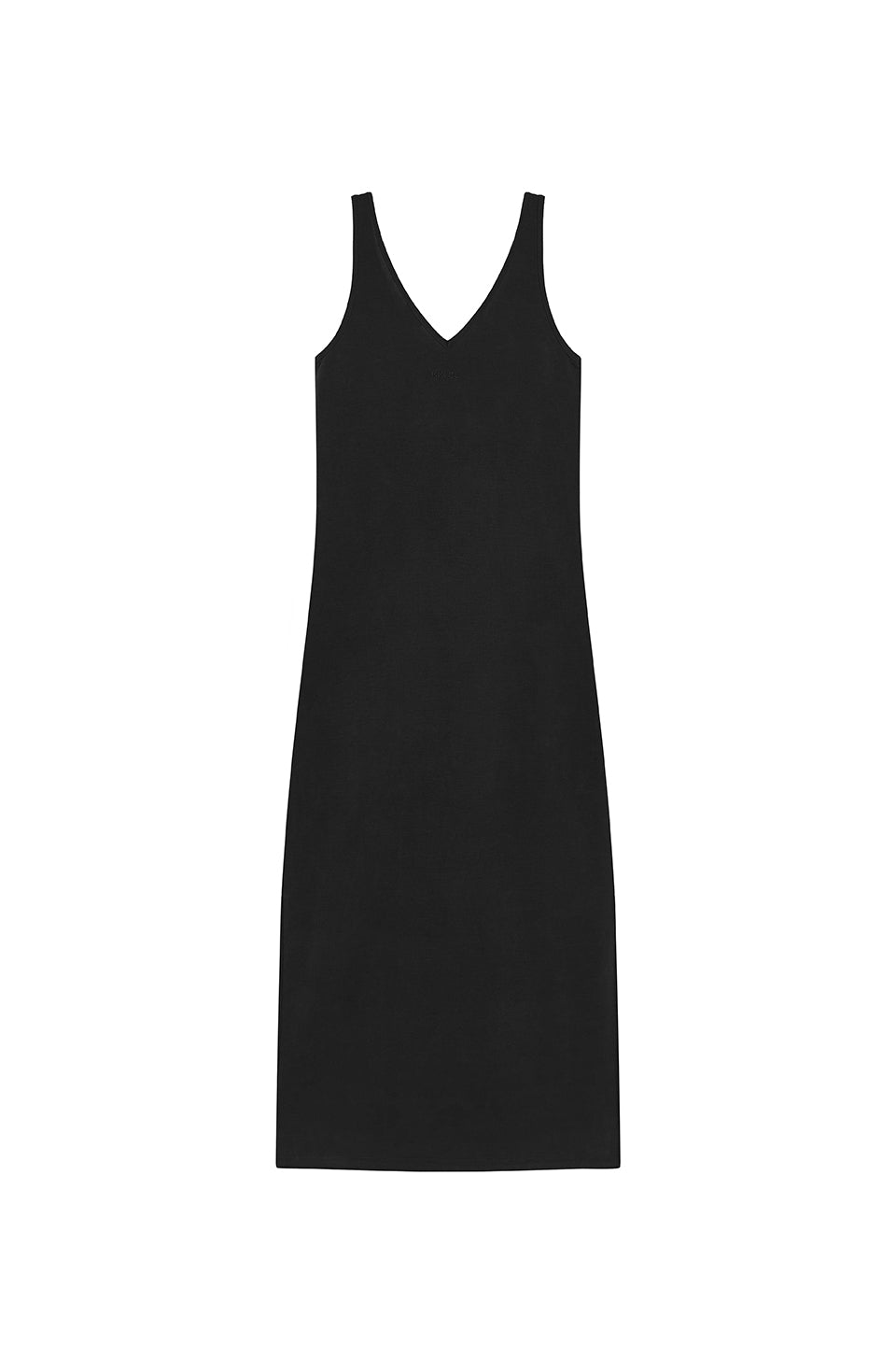 Loose Dress Black Freisteller, Rückenansicht, tiefer V-Ausschnitt, KKLBL-Stickerei, seitlicher Schlitz