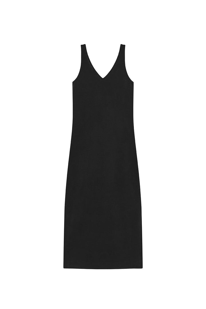 Loose Dress Black Freisteller, Rückenansicht, tiefer V-Ausschnitt, KKLBL-Stickerei, seitlicher Schlitz