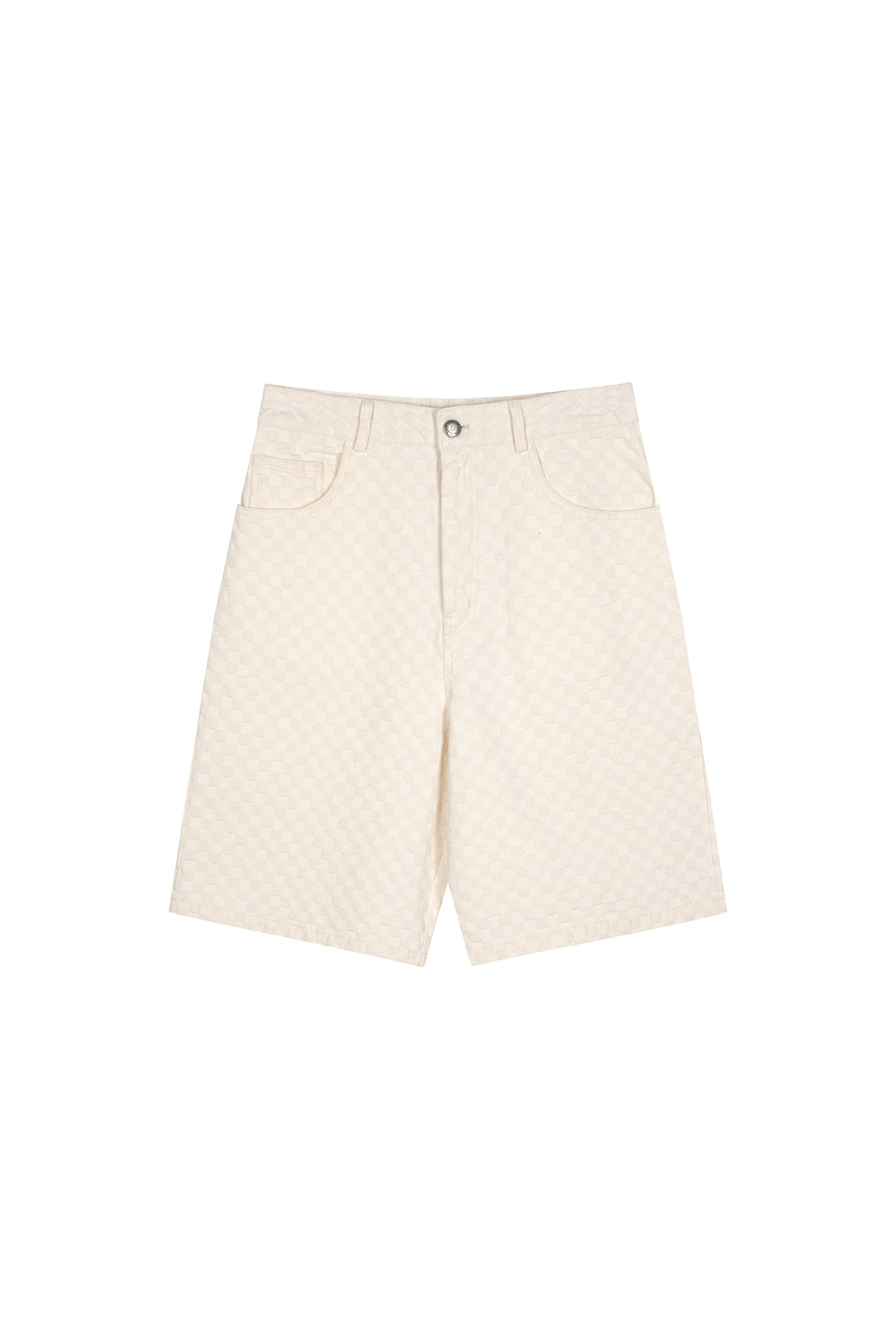 Vorderansicht: Beige gemusterte Shorts mit Knopfverschluss aus The Tour 25 Collection