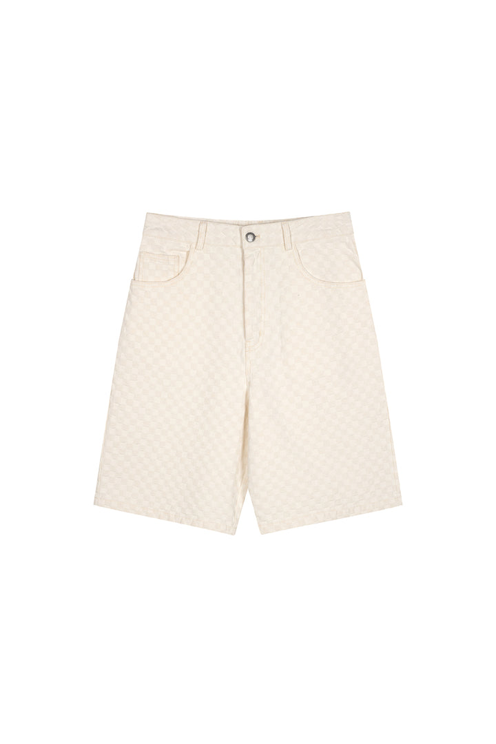 Vorderansicht: Beige gemusterte Shorts mit Knopfverschluss aus The Tour 25 Collection