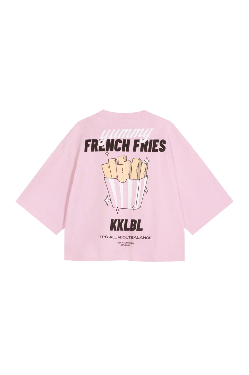 T-Shirt Cropped Fries Freisteller, Rückenansicht, rosa Shirt, großer French Fries KKLBL Pommes-Backprint