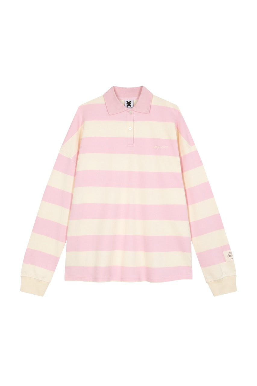 Poloshirt Striped Pink Freisteller, Vorderansicht, rosa-offwhite Streifen, Oversized, kleine Stickerei vorne