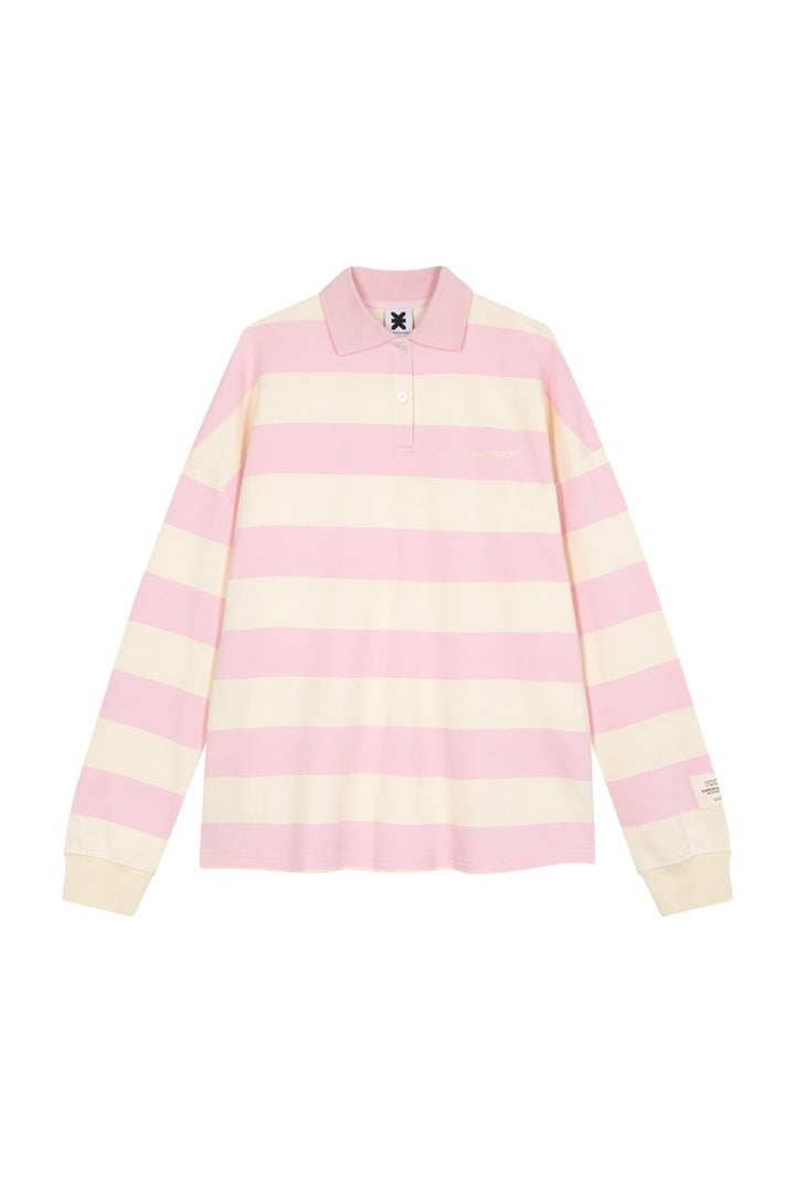 Poloshirt Striped Pink Freisteller, Vorderansicht, rosa-offwhite Streifen, Oversized, kleine Stickerei vorne