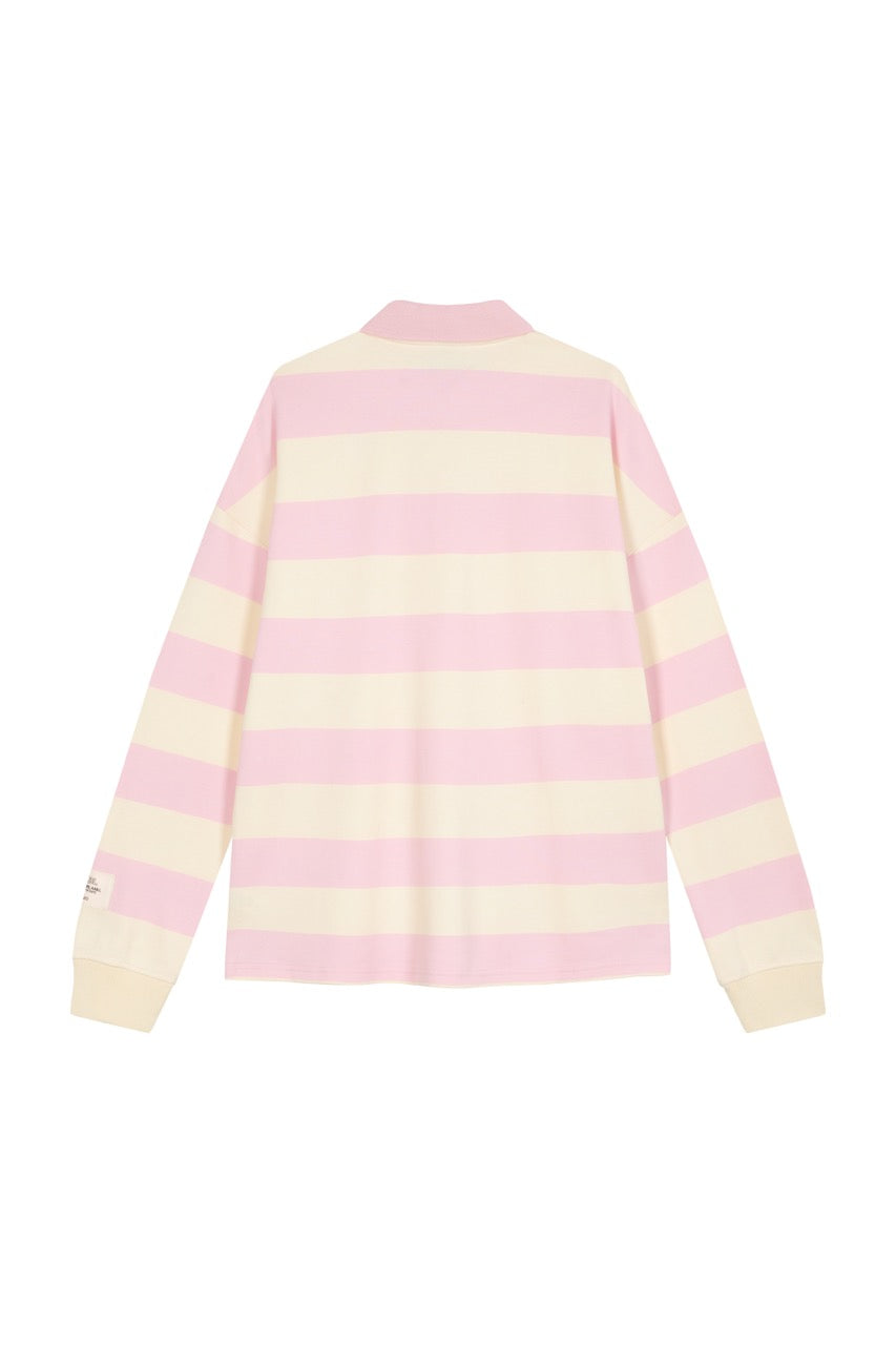 Poloshirt Striped Pink Freisteller, Rückenansicht, rosa-offwhite Streifenmuster, Bündchen an den Ärmeln