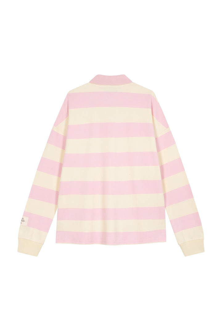 Poloshirt Striped Pink Freisteller, Rückenansicht, rosa-offwhite Streifenmuster, Bündchen an den Ärmeln