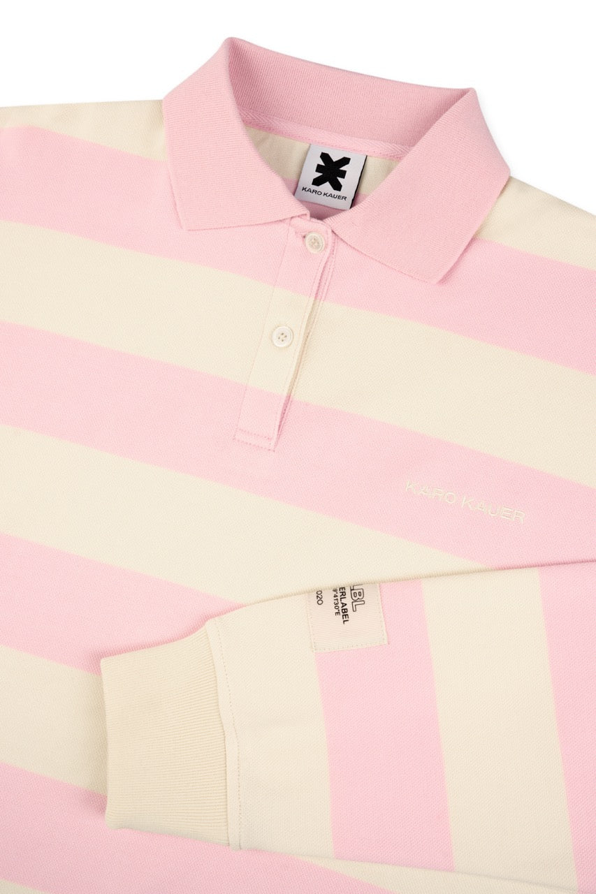 Poloshirt Striped Pink, Detailfreisteller Kragen mit Knopfleiste und Weblabel, rosa-offwhite Streifen