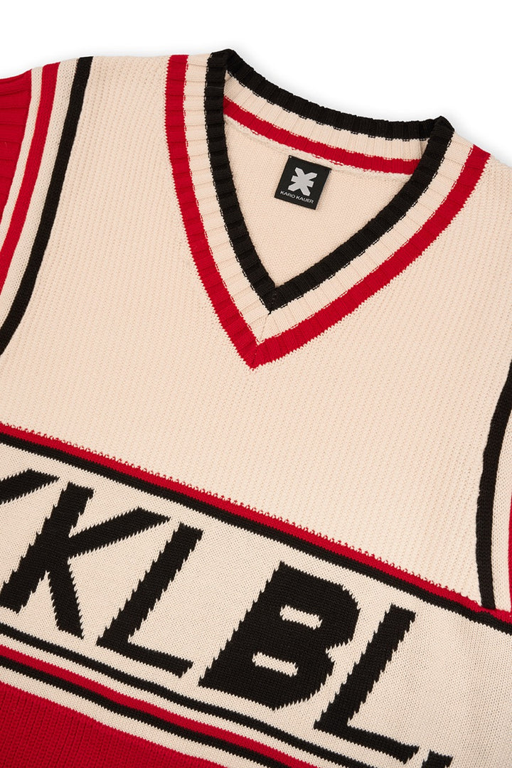 Knit Sweater Vest KKLBL, Detailfreisteller eingestrickter KKLBL-Schriftzug, Offwhite mit schwarzem V-Ausschnitt