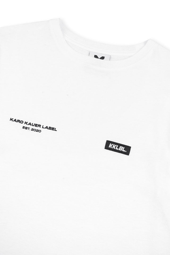 T-Shirt Soft White, Detailfreisteller Print und Weblabel vorne, weiche angeraute Baumwolle in Weiß