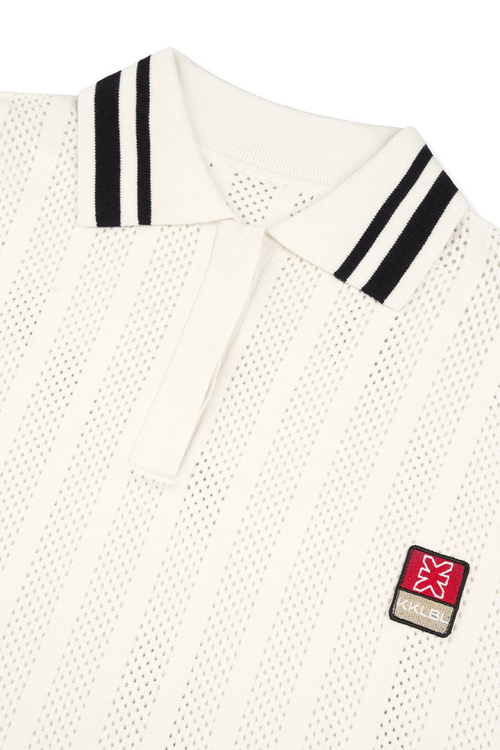 Knit Poloshirt, Detailfreisteller schwarzer Polokragen mit Kontraststreifen und Weblabel, offwhite Strick