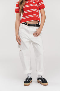 Denim Pants Cut Out Offwhite, Ganzkörper frontal, offwhite Jeans mit Cut-Out auf Kniehöhe, gerader Schnitt